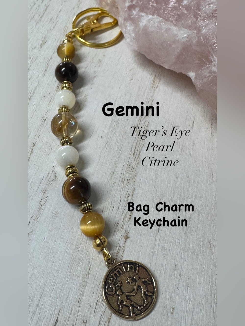 2/$40 Gemini Tiger's Eye Pearl Citrine Bag Charm Keychain